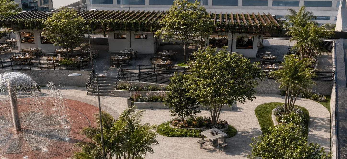 Imagem 3D da área de alimentação e jardins da praça.