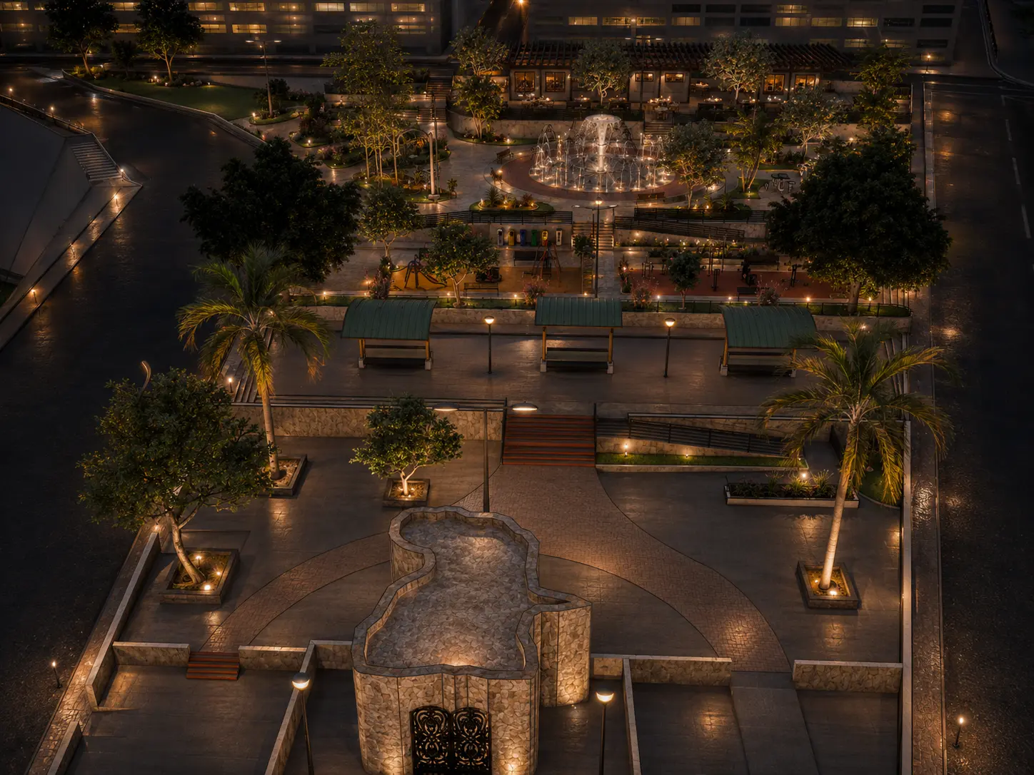 Imagem 3D com jardins, acessos e áreas de contemplação da praça.