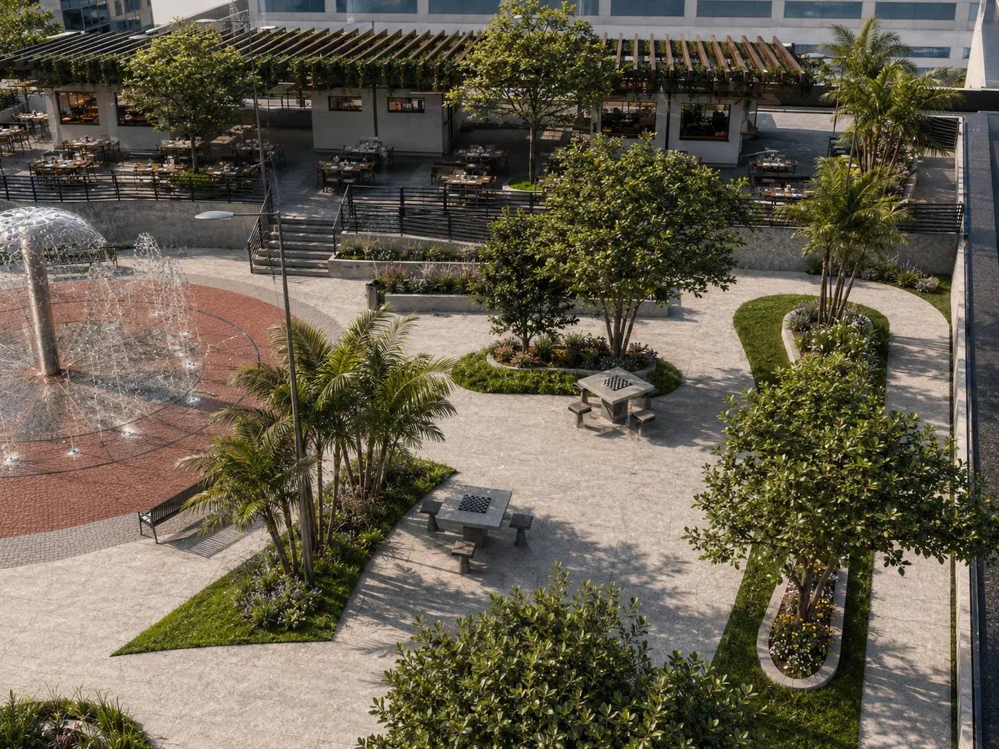 Imagem 3D da visão geral com paisagismo da praça.