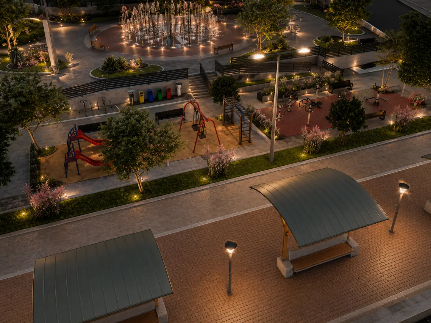 Imagem 3D do parque infantil e academia ao ar livre.